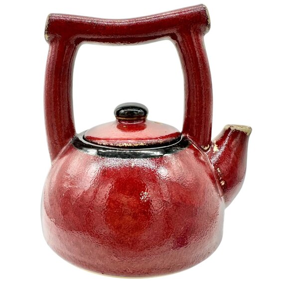 Pier 1 Earthenware Shanghai Tea Set Teapot With Handle & Lid Red Black 7 x 5.5 - Picture 1 of 11